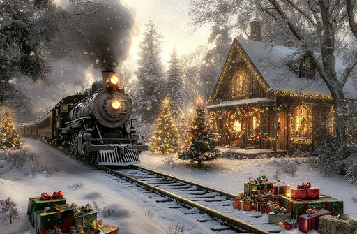 Vintage steam train in snow with Christmas trees and gifts