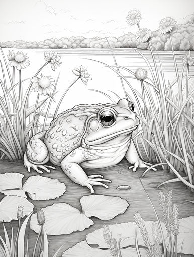 Frog in the pond coloring page, artistic style, joyful