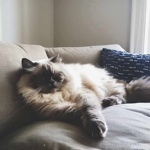 Himalayan cat lounging on a modern minimalist sofa