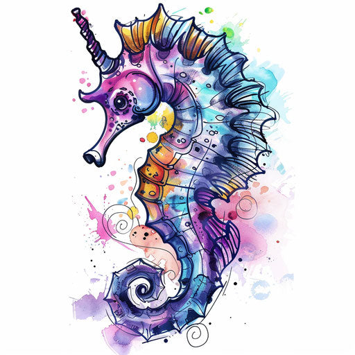 Vibrant seahorse tattoo sketch with watercolor splashes
