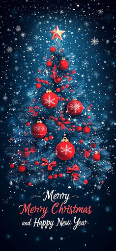 Starry night, Christmas tree with red ornaments and snowflakes