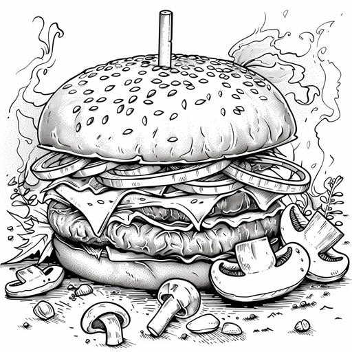 Burger with grilled mushrooms and onions