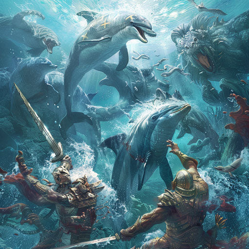 Epic underwater battle with dolphins and mythical creatures
