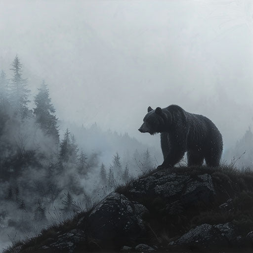 Black bear in a misty mountain landscape, ethereal and serene