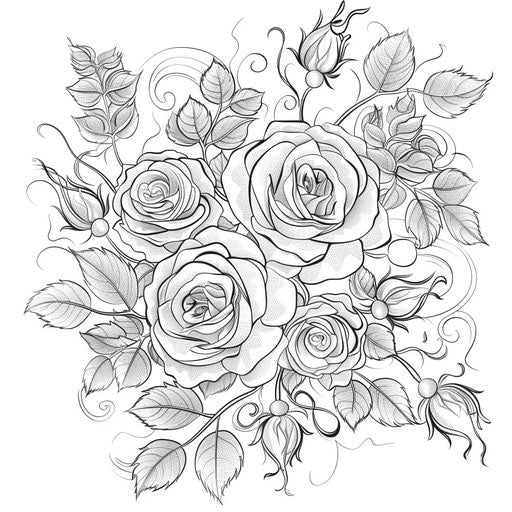Elegant bouquet of roses with swirling vines and leaves