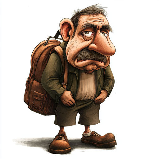 Humorous caricature of a journey with exaggerated human characteristics