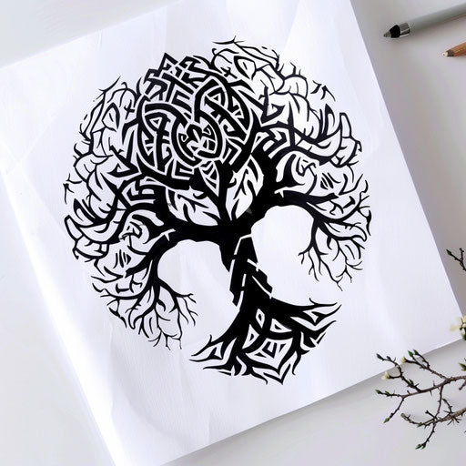 Tribal-inspired tree of life tattoo design on white paper