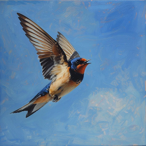 Barn swallow bird flying against a blue sky