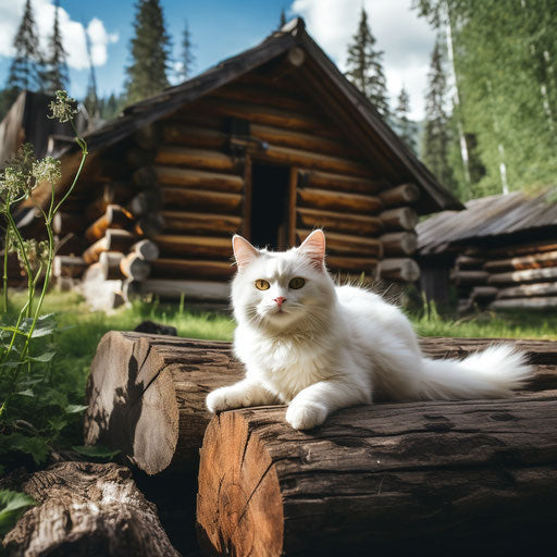 White cat sitting in front of a log cabin