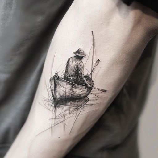 Fisherman in boat in black and grey tattoo design