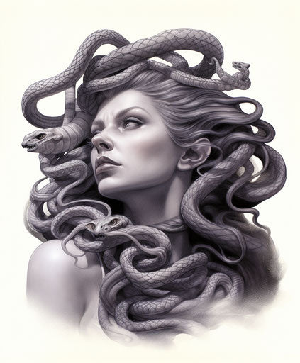 Medusa and snake tattoo, realistic and stylized style, mythology