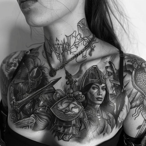 Epic chest tattoo of legendary warriors for women
