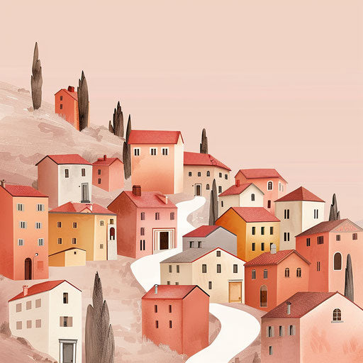 Realistic town clipart on flat dusky rose background