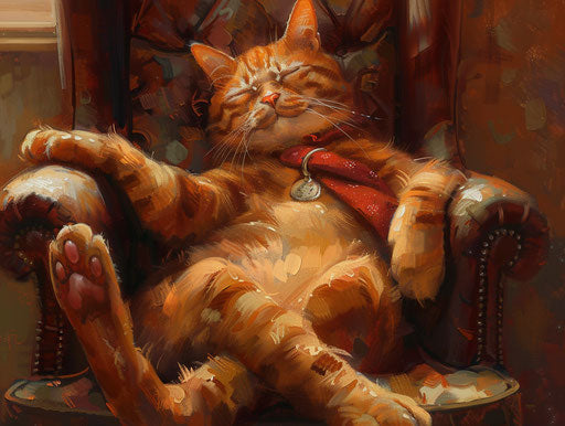 Cat with tie on chair, strong facial expression