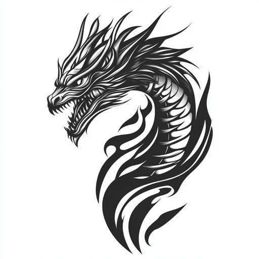 Tribal dragon sketch with fierce head and tribal flames