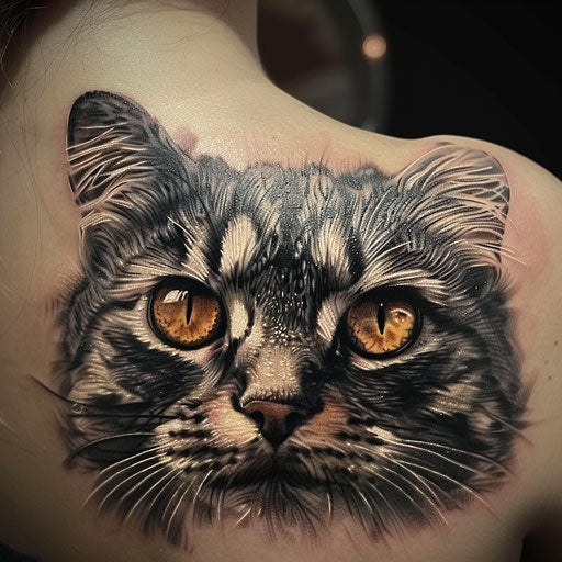 Realism tattoos of a cat's piercing eyes