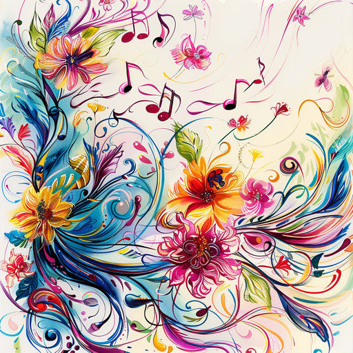 Music notes intertwined with floral designs, vibrant colors