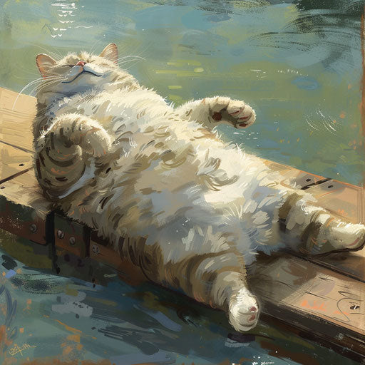 fatcat lying on a dock