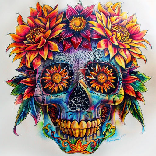 Vibrant sugar skull tattoo with bright flowers and cobweb