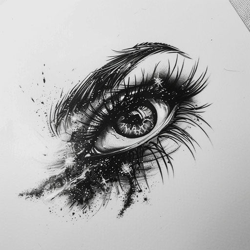 Flat tattoo sketch of an enigmatic human eye with a galaxy reflected in the iris