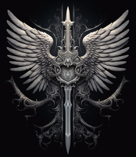 Winged sword in old style illustration with strong contrast