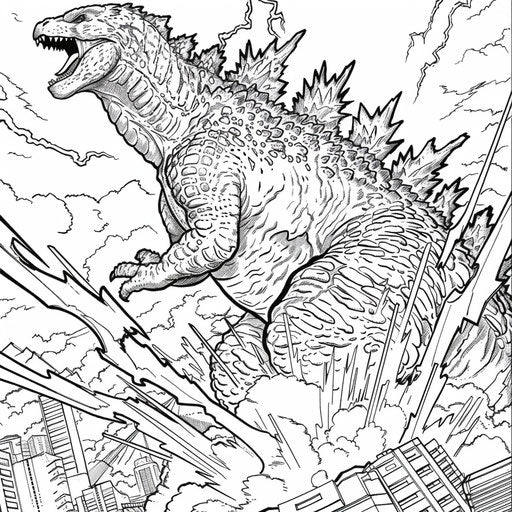 Godzilla in a dramatic battle scene with lightning and explosions. Coloring book page