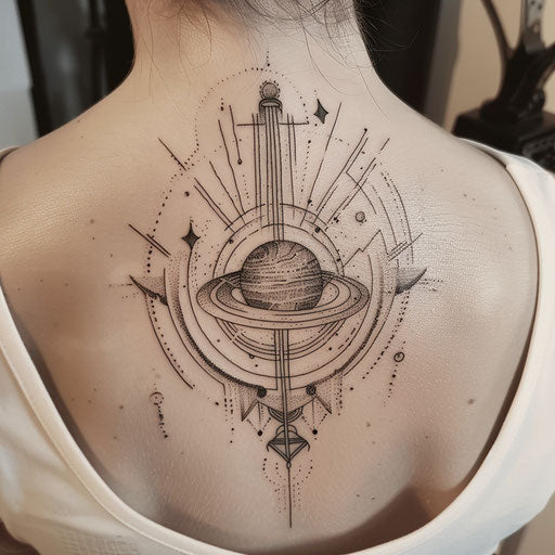 Art deco galaxy tattoo, bold lines & symmetrical space