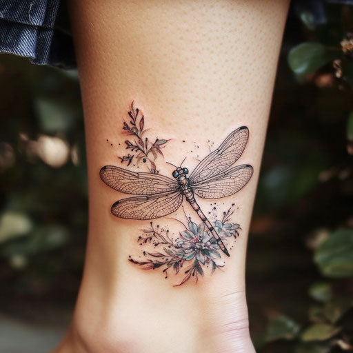 Ankle tattoos women delicate dragonfly, Merian style