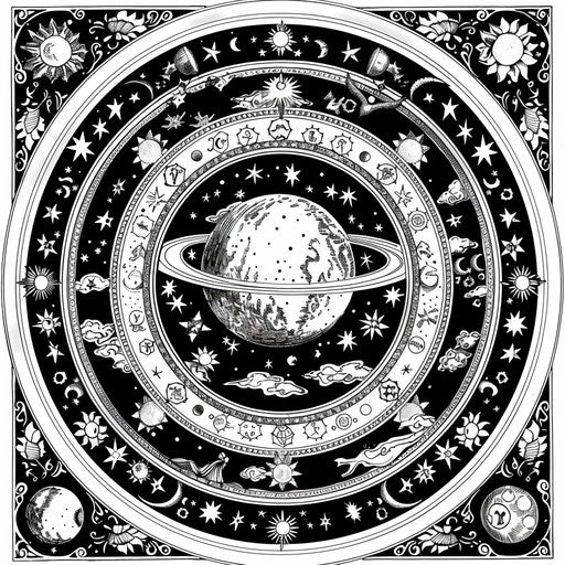 Celestial mandala with zodiac signs. Coloring book page