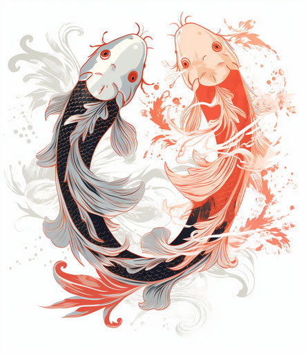 Two koi fish on white background, engraved ornament style