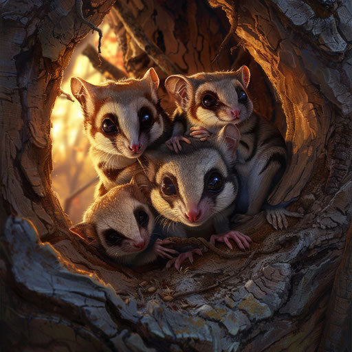 A family of sugar gliders nestled in a tree hollow at sunset