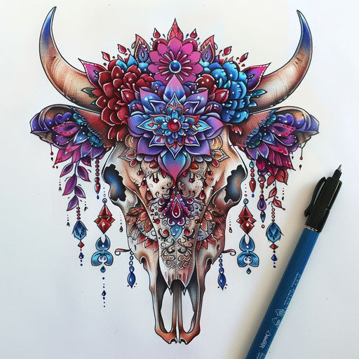 Bohemian cow skull tattoo sketch with intricate mandala