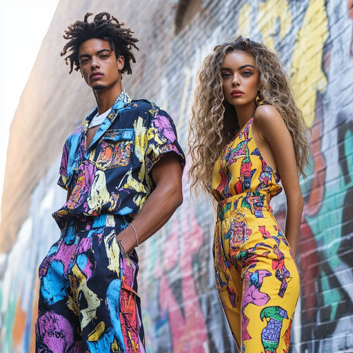 Urban Elegance: Male Model and Captivating Woman Against Vibrant Graffiti