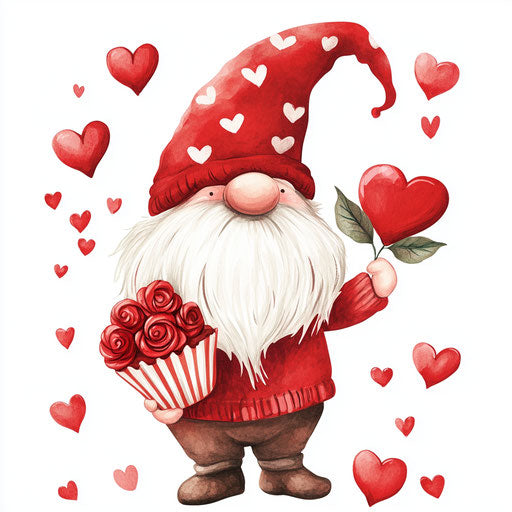 Valentine's Day gnome with roses and hearts, holding a red cupcake on white background