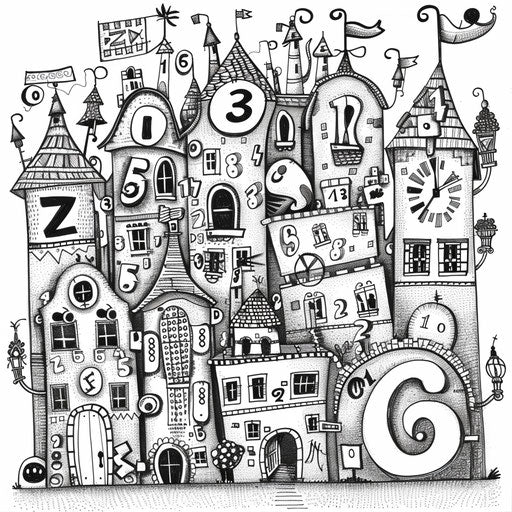 Whimsical math-themed cityscape