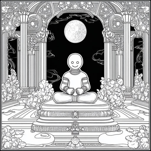 A serene gingerbread man in a tranquil environment, In the style of Edward Julius Detmold, Coloring book page.