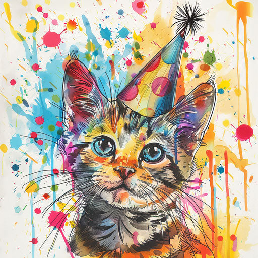 Festive tattoo sketch of a cat with a party hat