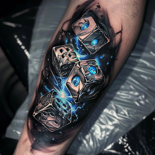 Dice tattoo with sci-fi aesthetics, J.P. Targete style