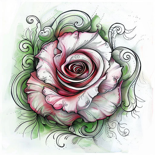 Romantic flat tattoo sketch of a rose spiral, soft pinks and greens