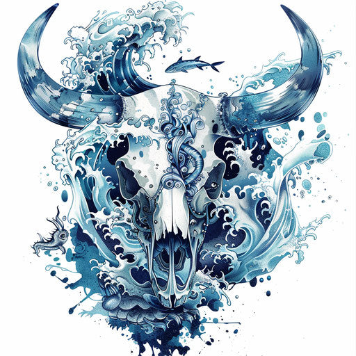 Marine-themed bull skull tattoo with ocean waves