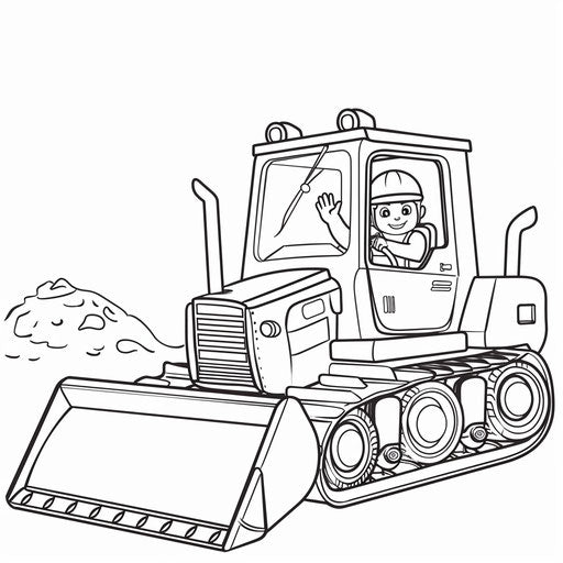 Bulldozer with driver waving on coloring book page