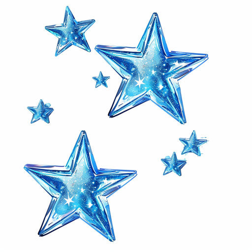 Three blue stars in different sizes, in the style of ethereal symbolism, sparklecore, distinctive line work