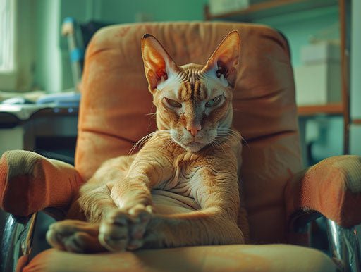 Bald cat lounging in elegant office chair