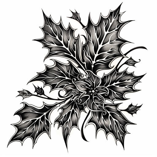 Blackwork tattoo of Holly, intricate patterns in black on white