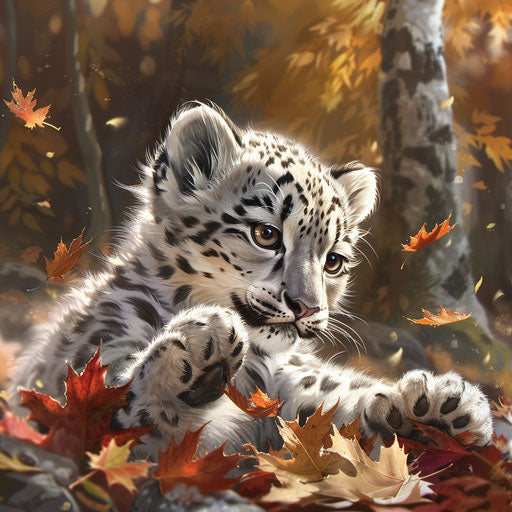 A young snow leopard having fun with autumn leaves in a rare, peaceful forest