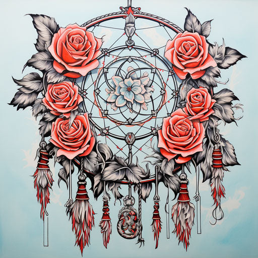 Dream catcher with roses, feathers and wings, heavy outlines