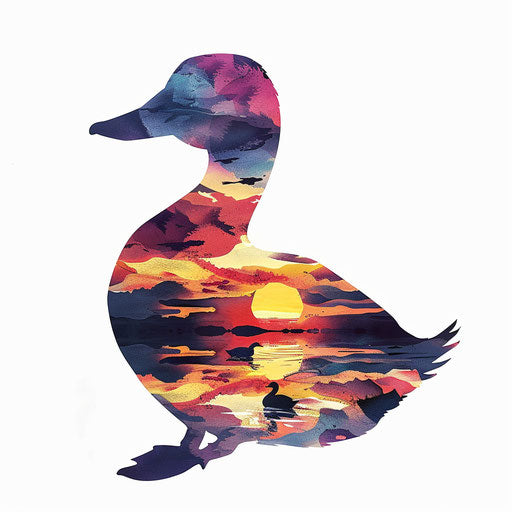 Duck silhouette with sunset, colorful tattoo design