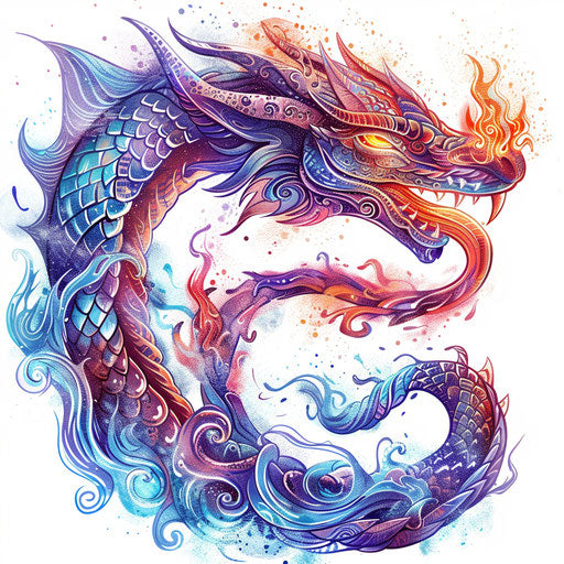 Tattoo sketch dragon fire breathing, vibrant colors