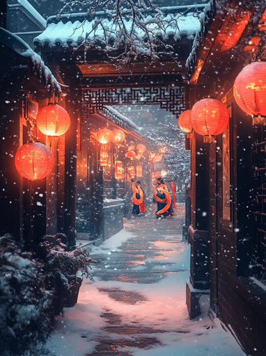 Chinese-style architecture, lanterns, red theme, snowy walls