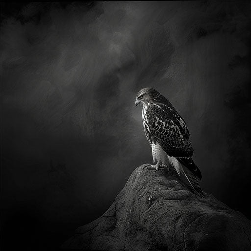 Red hawk bird in a poetic black and white scene